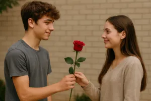 ragazzo porge una rosa rossa alla ragazza