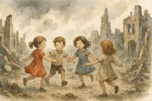 bambini che giocano malgrado la guerra, resilienza