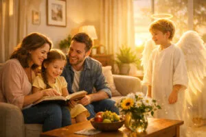 famiglia in preghiera, con angioletto vicino