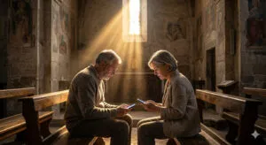 uomo e donna sullo smartphone, illuminati dalla Luce di Dio