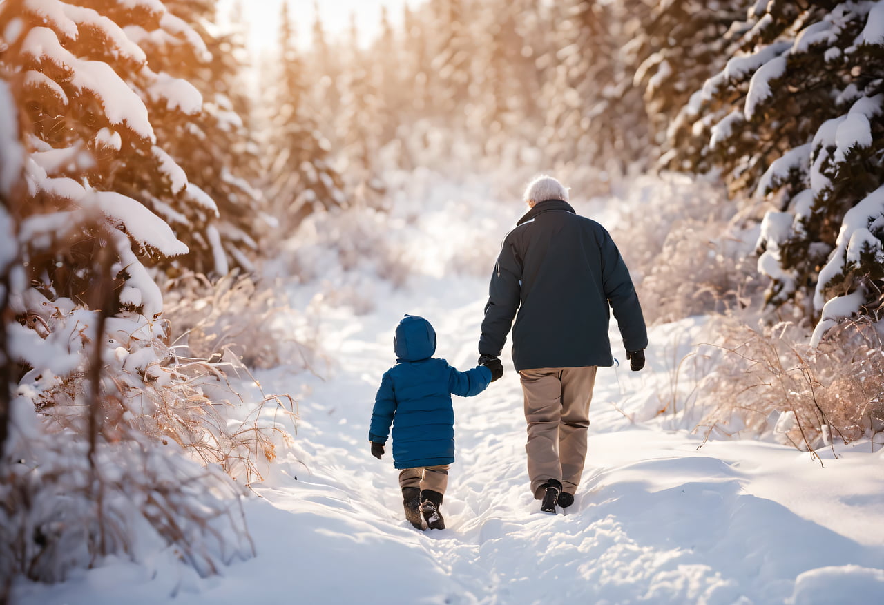 nonno e nipote camminano tenendosi per mano