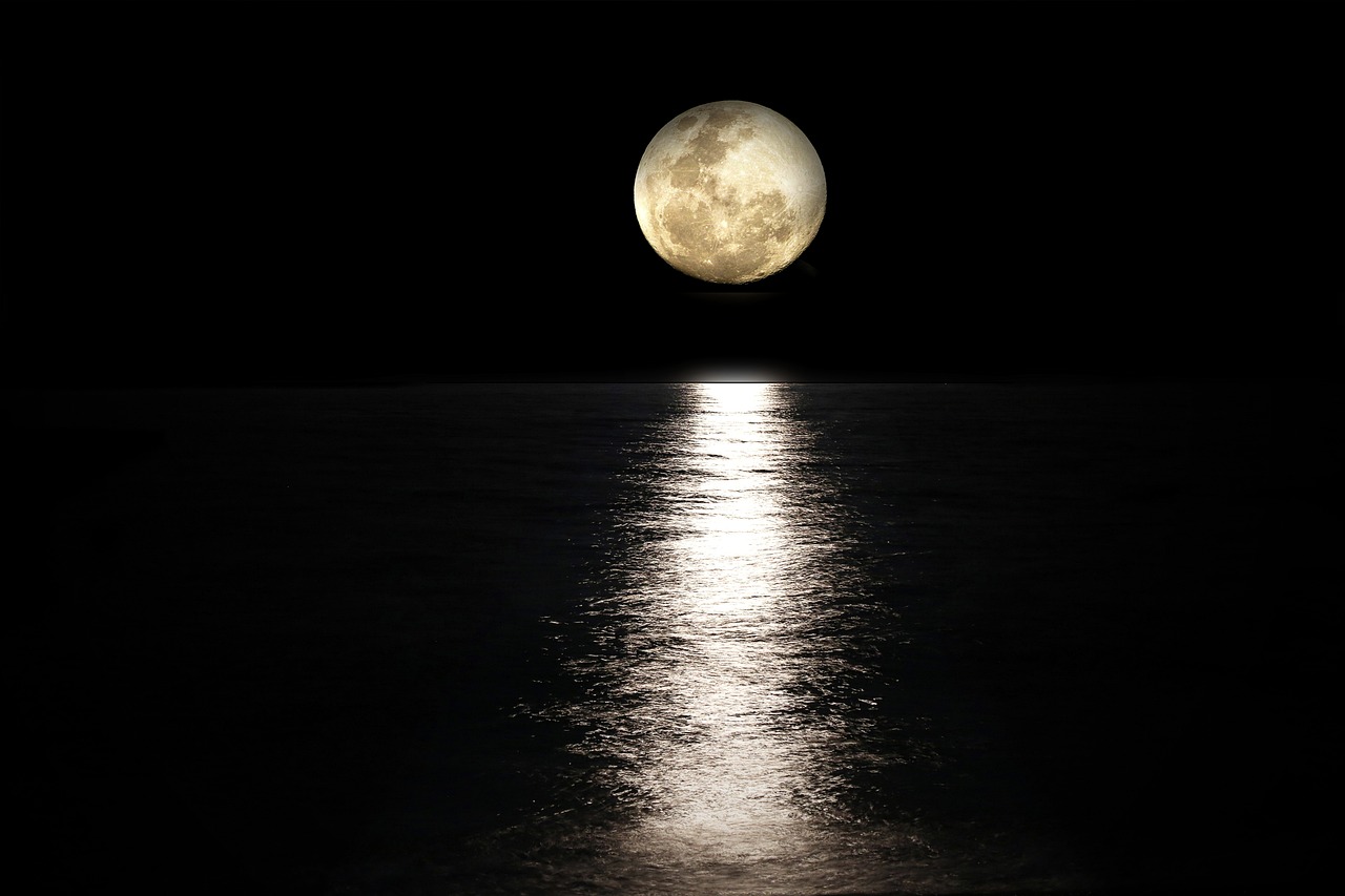 moon, full moon, sea, luna