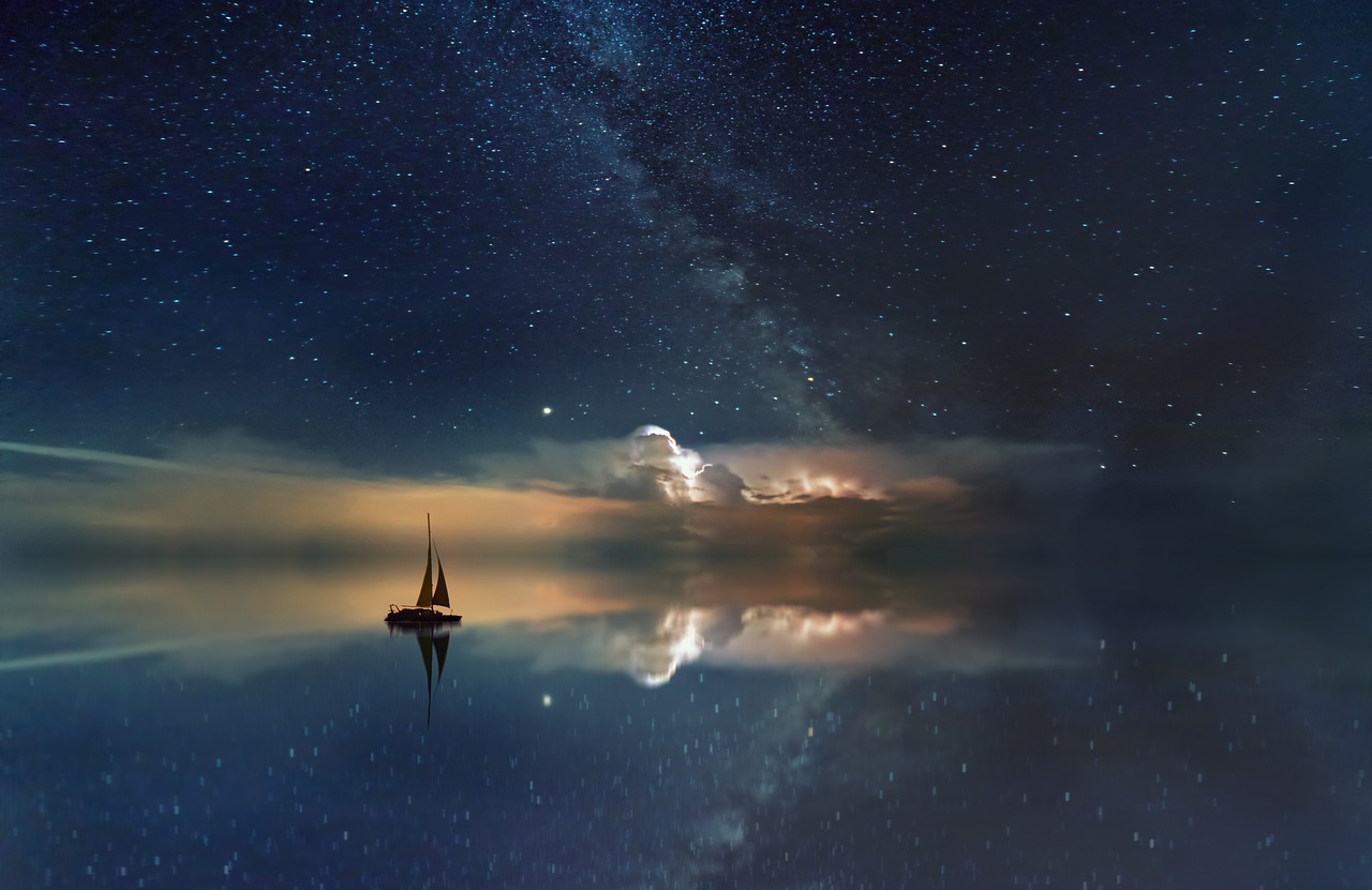 ocean, milky way, boat, oceano, barca nel mare calmo