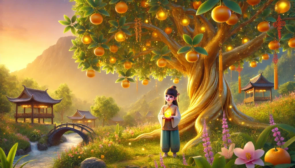 dall·e 2024 12 29 18.07.19 a magical tree with shimmering silk like leaves and golden chinese mandarins, located on a serene hillside near a glowing golden mountain. a kind look