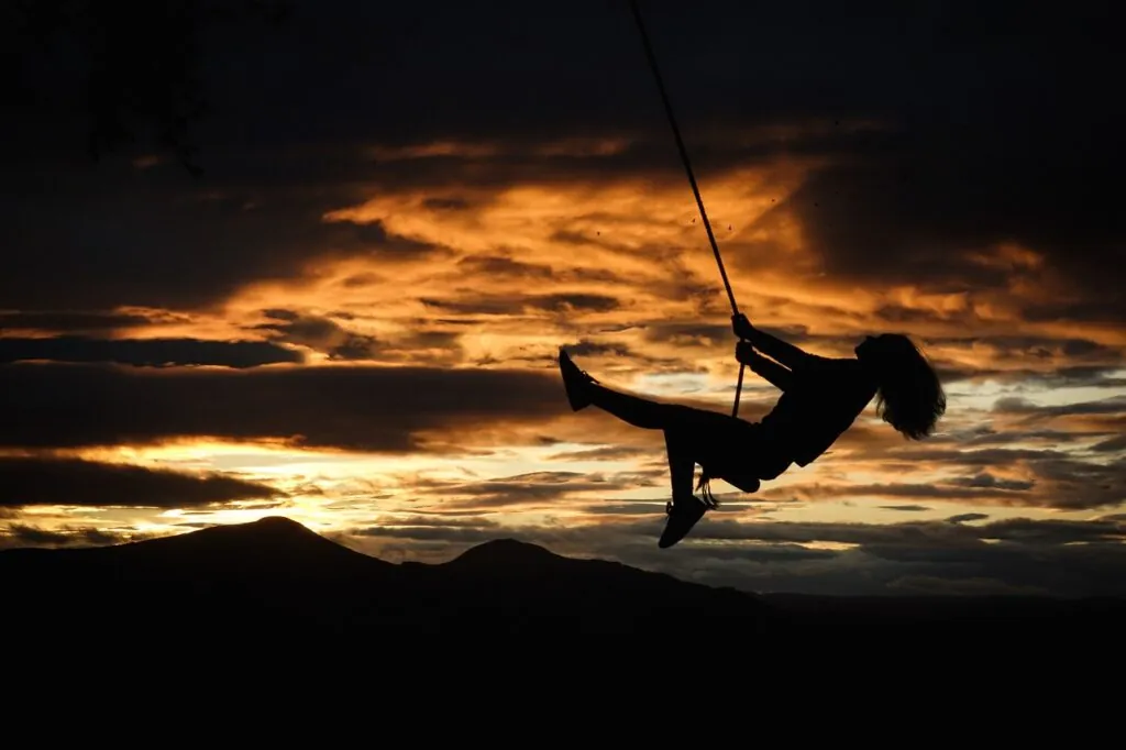 sunset, rope swing, girl, silhouette, woman, sky, clouds, nostalgia, wind, summer, dream, joy, happiness, enjoyment, leisure, nature, dusk, evening, dark, dream, dream, dream, dream, joy, joy, joy, joy, joy, happiness