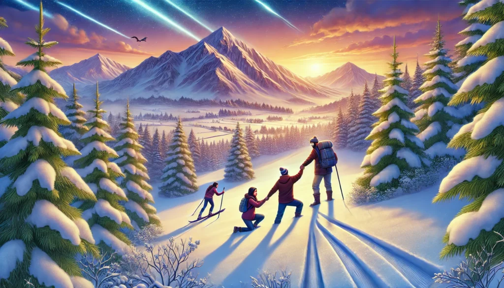 dall·e 2025 01 07 19.29.21 a picturesque snowy mountain setting for a fairy tale. one man helps another man who is stuck between trees, while two women trace ski tracks nearby,