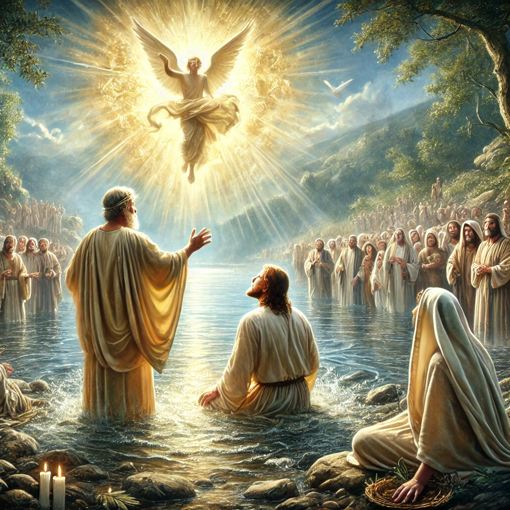 dall·e 2025 01 12 20.34.36 an artistic depiction inspired by the gospel of luke 3 15 16,21 22. the scene shows john the baptist standing by the river jordan, baptizing people wi