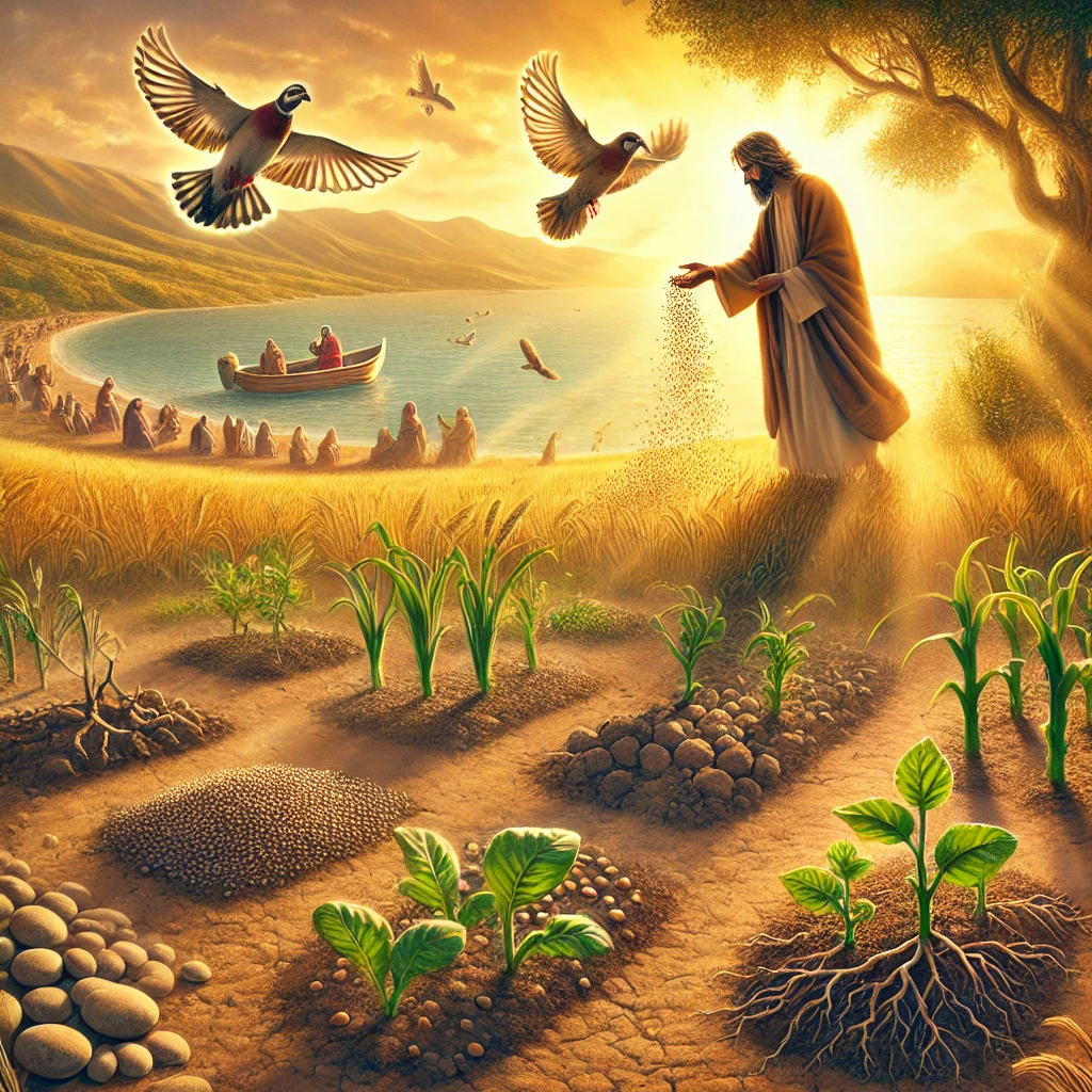 dall·e 2025 01 29 18.11.45 a biblical illustration of the parable of the sower from mark 4 1 20. a farmer is seen scattering seeds in a vast field, with four distinct types of t