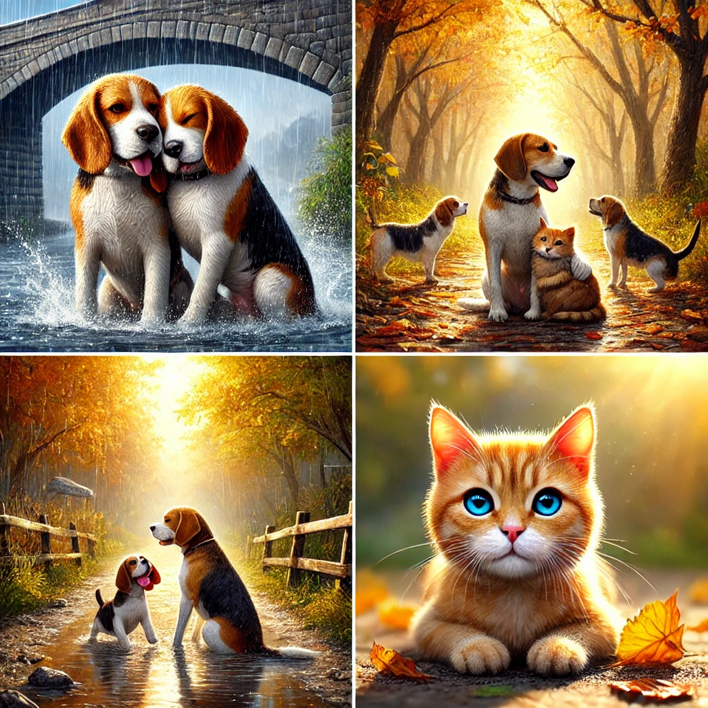 due beagle e un gatto rosso