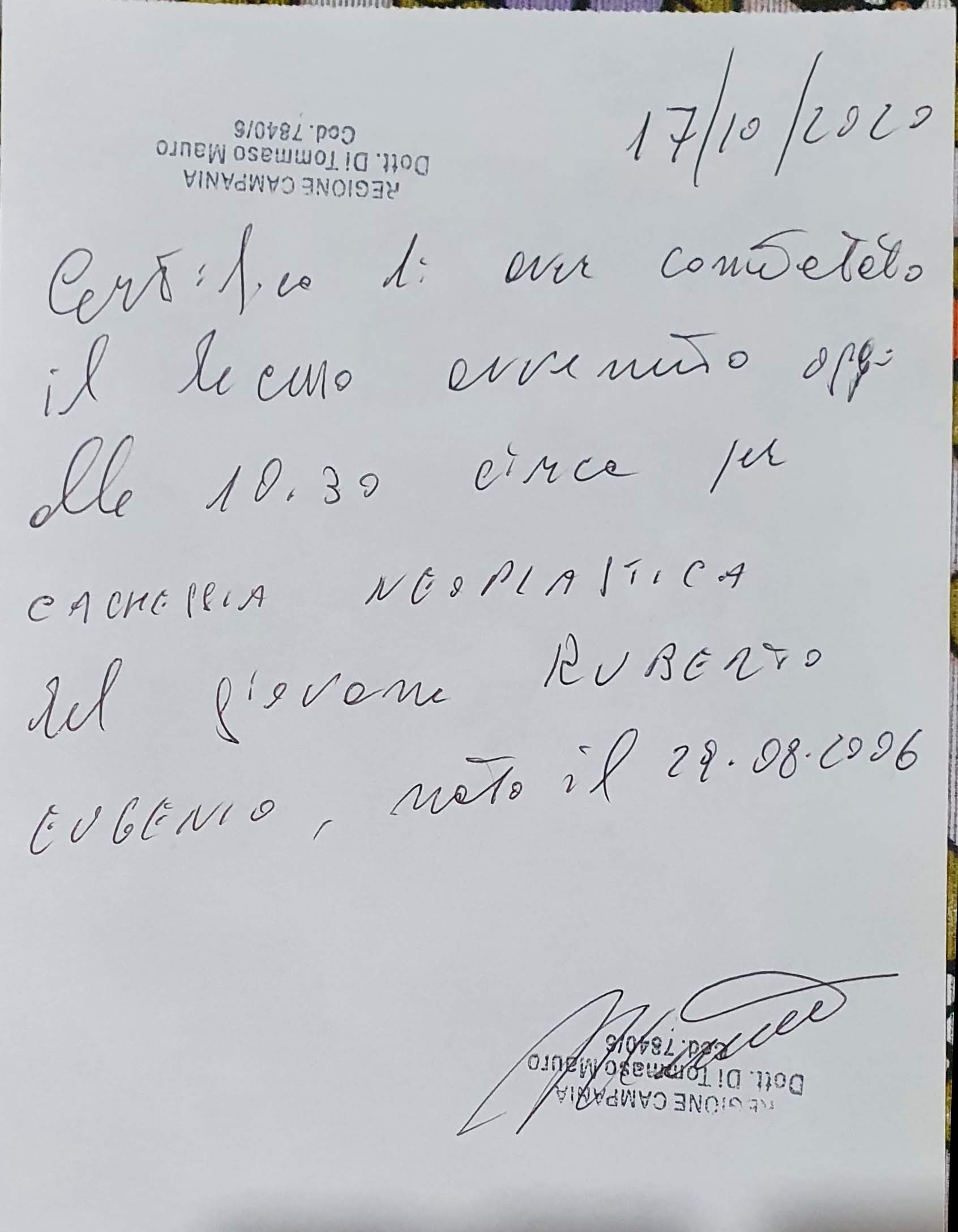 certificato di morte di Eugenio