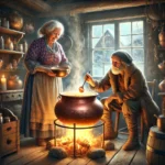 dall·e 2025 03 11 19.45.07 an elderly woman, nonna carolina, stirs a magical copper pot over a warm fireplace in a cozy cottage. the pot bubbles and glows softly, emitting a del