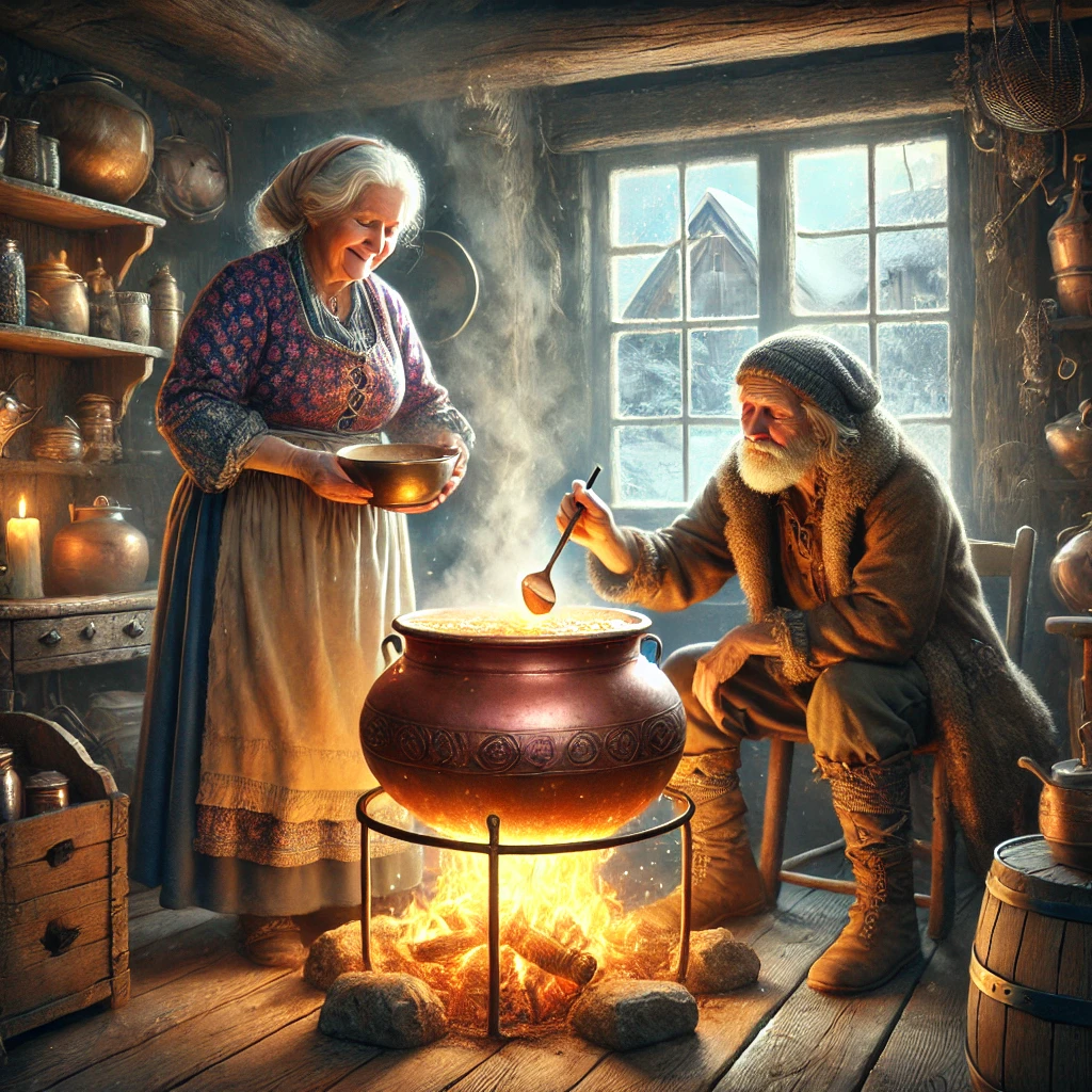 dall·e 2025 03 11 19.45.07 an elderly woman, nonna carolina, stirs a magical copper pot over a warm fireplace in a cozy cottage. the pot bubbles and glows softly, emitting a del